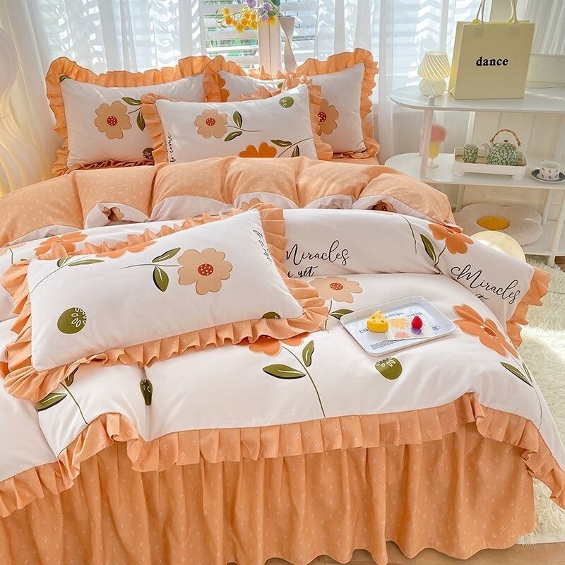 Girls Flowers Bedding Set Korean Princess Lace Ruffle Bed Skirt Quilt Cover Floral Duvet Cover Decor Home Simple Bedclothes