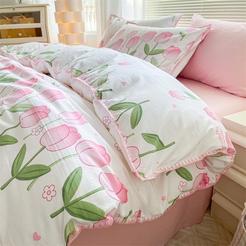 Cartoon Strawberry Bedding Set Washed Cotton Single Double Size Nordic Girls Flower Bed Linen Flat Sheet Duvet Cover Pillowcase