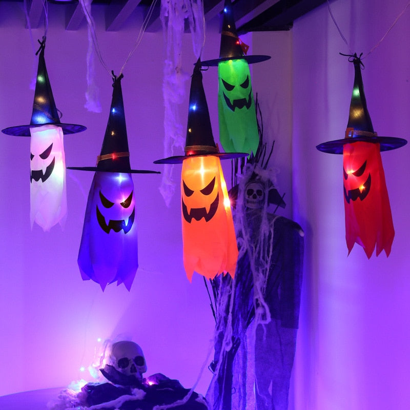 Qfdian halloween decorations halloween costumes halloween gift Halloween LED Flashing Light Hanging Ghost Halloween Party Dress Up Glowing Wizard Hat Lamp Horror Props for Home Bar Decoration