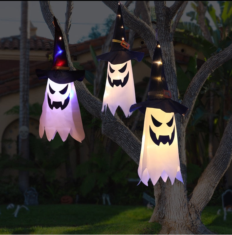 Qfdian halloween decorations halloween costumes halloween gift Halloween LED Flashing Light Hanging Ghost Halloween Party Dress Up Glowing Wizard Hat Lamp Horror Props for Home Bar Decoration