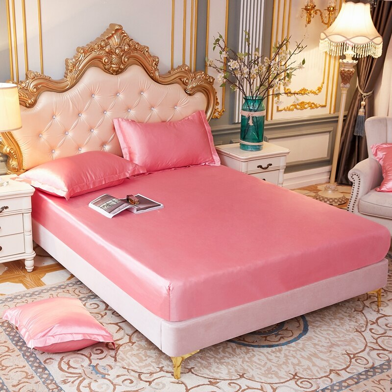 High-End Satin Rayon Fitted Bedsheet Pillowcase Solid Color Elastic Band Mattress Cover Home Bedding Bed Sheet Matress Cover