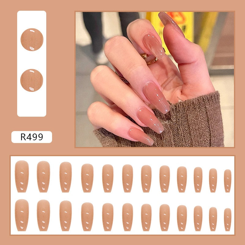 24PCS/Box 2023 New Artificial Nails With Glue Milky White Pink Gradients Long Ballet Full Cover Acrylic Nail Stick Fake Nail Tips