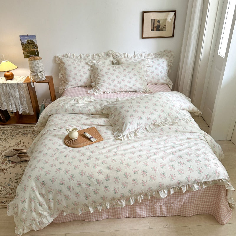 Qfdian 100% Cotton Small Floral Printed Lace Ruffle Bedding Set Simple Fresh Flower Single Duvet Cover Set Bed Linen Set Pillowcases