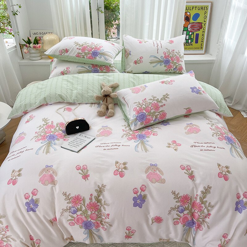 Kawaii Kids Bedding Set Soft Cotton Flat Fitted Sheet Duvet Cover Pillowcases Single Queen Cartoon Boy Girls Dormitory Bed Linen