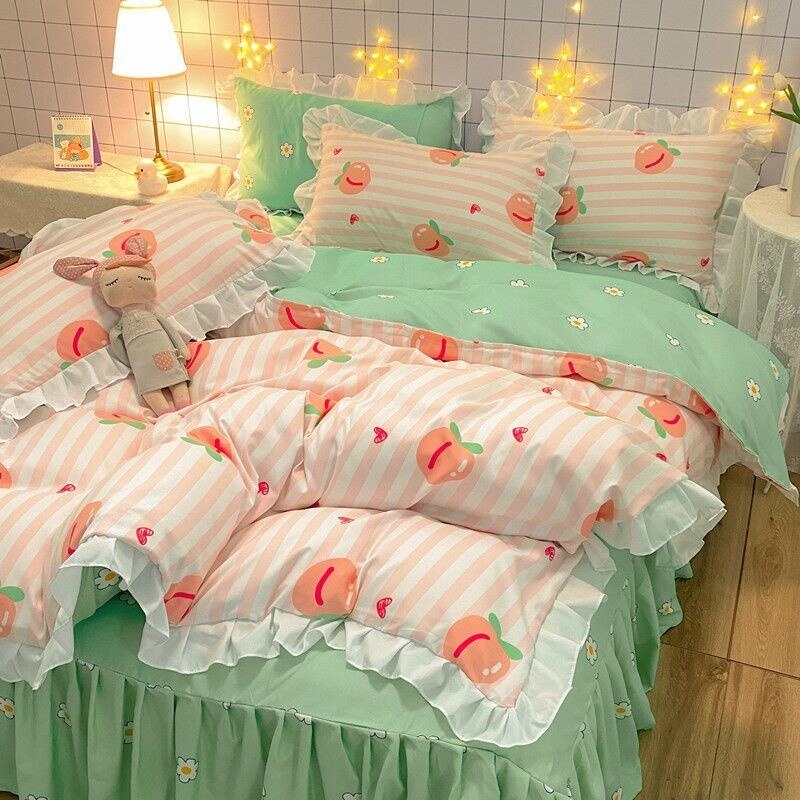 Floral Duvet Cover Set With Bed Skirt Pillowcase Princess Style Bedding Sets For Girl Woman Bed Linens Decor Bedroom 150x200cm