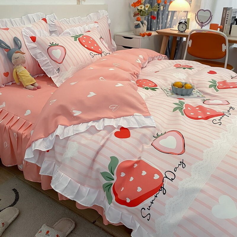 Simple Bedding Set Cute Girl Ruffle Lace Duvet Cover Bed Sheet Pillowcase Kawaii Cartoon Flower Quilt Cover 240x220cm