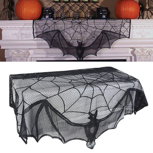 Qfdian halloween decorations halloween costumes halloween giftBat Table Runner Black Spider Web Lace Tablecloth Fireplace Curtain for Halloween Party Home Decoration Horror Props