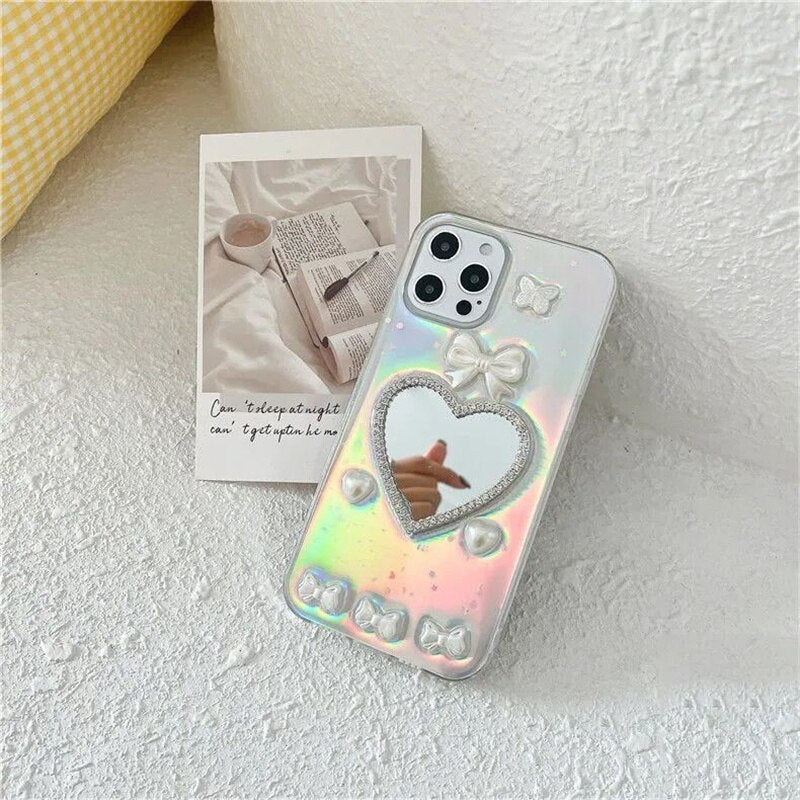 Qfdian iphone 13 pro max case Sweet Three-dimensional Butterfly White Rose Pearl Fashion Phone Case For iphone 11 12 13 Mini Pro Max XS XR SE 8 7 Plus Cover