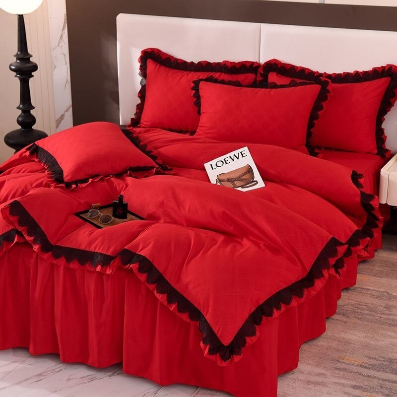 Luxury Solid Color Bedding Sets Princess Style French Lace Duvet Cover Bed Skirt Bedclothes For Girls 4 Piece Home Textiles