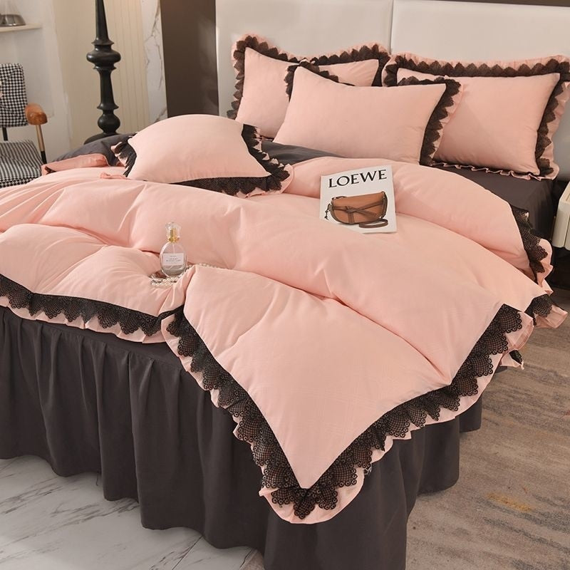 Luxury Solid Color Bedding Sets Princess Style French Lace Duvet Cover Bed Skirt Bedclothes For Girls 4 Piece Home Textiles