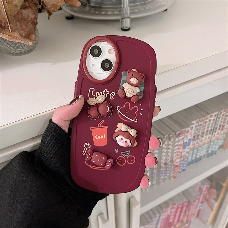 Qfdian iphone 13 pro max case For iphone 11 12 13 Pro Max XR Xs Max Phone Case Three-dimensional Cute Fashion Cartoon Girl Bear Candy Cherry Oval Frame Cover