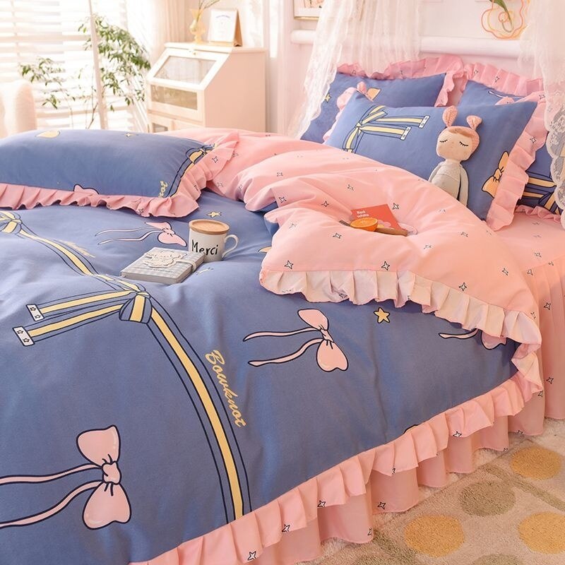 Purple Tulip Floral Printed Bedding Set Girl Princess Lace Duvet Cover Simple Flower Quilt Cover Bed Skirt Pillowcase