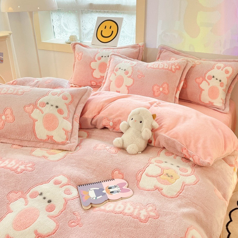 Winter Thick Warm Plush Comforter Cover Queen Bedding Sets Cartoon Quilt Cover Bed Sheet Pillowcase 4pcs Luxury Bed Linens