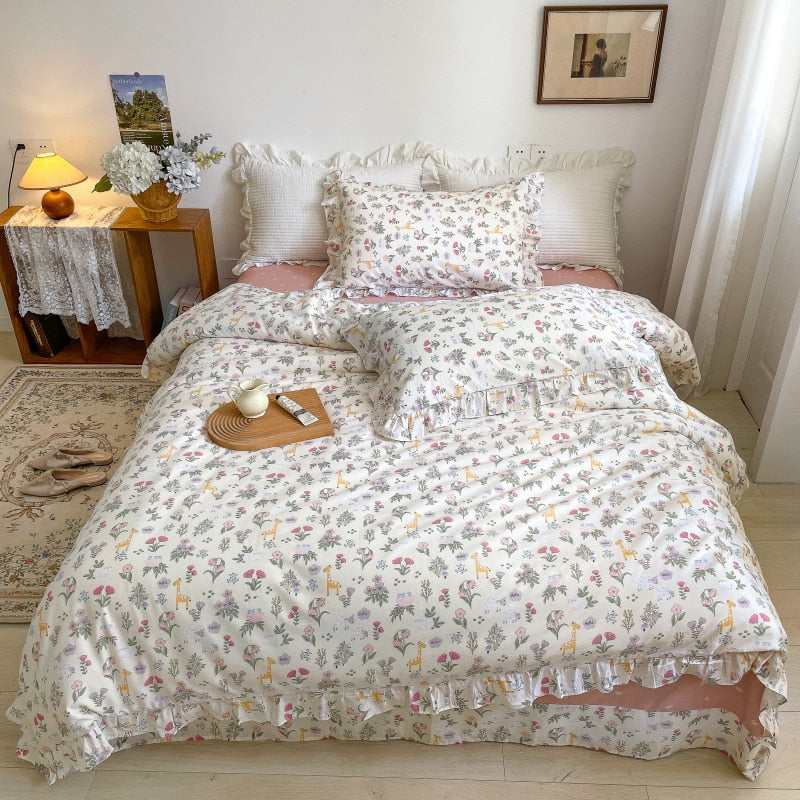 Qfdian 100% Cotton Small Floral Printed Lace Ruffle Bedding Set Simple Fresh Flower Single Duvet Cover Set Bed Linen Set Pillowcases