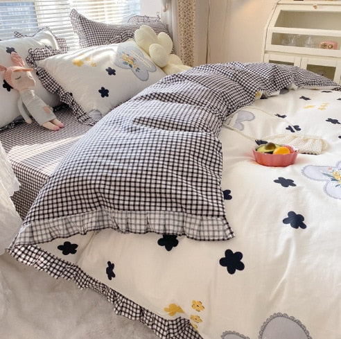 Lovely 100% Pure Cotton Bedding Set Full Size Cute Ruffles Single Doubel Duvet Cover Set Princess Girls Woman Cozy Bedding Sets