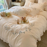 Winter Brushed Pure Cotton Embroidered Flowers Bedding Set Warmer Bed Sheet Pillowcases Duvet Cover Set 4pcs for Winter Home