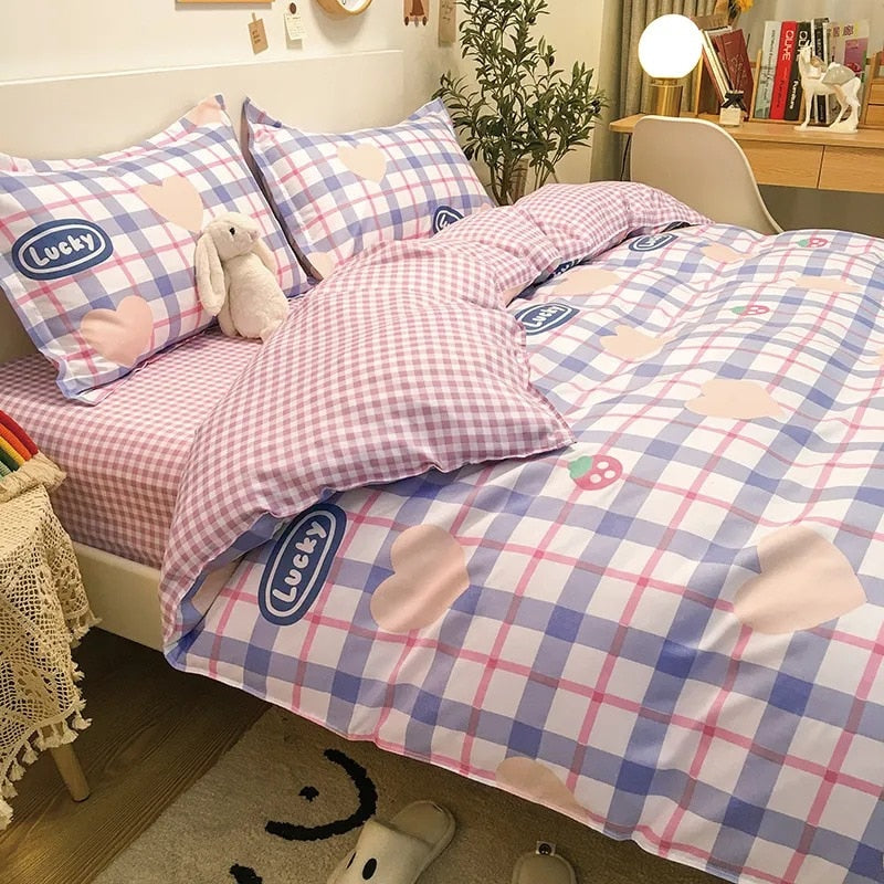 Blue Plaid Bedding Set Fashion Soft Bed Linen Single Full Queen Size Boys Girls Duvet Cover Flat Sheet Pillowcases Kit