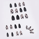Qfdian 24pcs Almond False Press On Nails Matte Black Color Leopard Finished Wearable Full Cover Beauty Fashion Nails Products