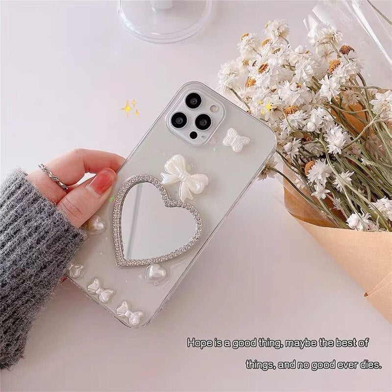 Qfdian iphone 13 pro max case Sweet Three-dimensional Butterfly White Rose Pearl Fashion Phone Case For iphone 11 12 13 Mini Pro Max XS XR SE 8 7 Plus Cover