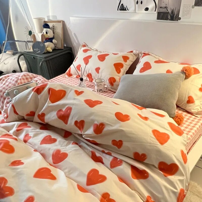 Nordic Pink Black Checkerboard Duvet Cover Sets With Pillow Case Bed Sheet Kids Girls Bedding Sets King Queen Twin Kawaii