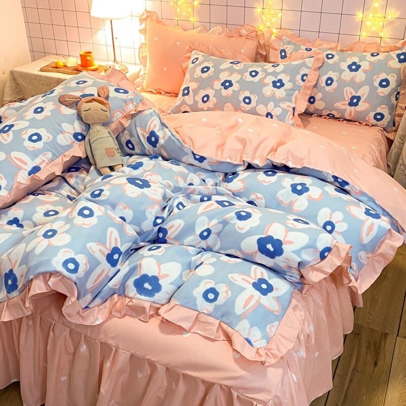 Floral Duvet Cover Set With Bed Skirt Pillowcase Princess Style Bedding Sets For Girl Woman Bed Linens Decor Bedroom 150x200cm