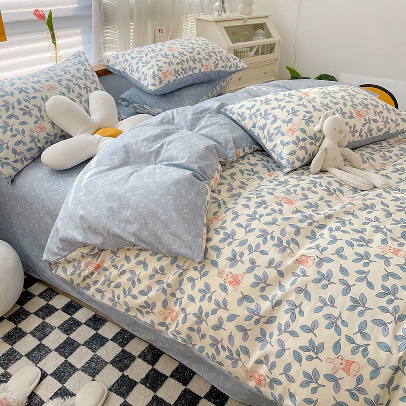 Ins Style Bedding Set Cotton Soft Flat Fitted Sheet Duvet Cover Pillowcase Floral Rabbit Boy Girls Home Textile Bedclothes