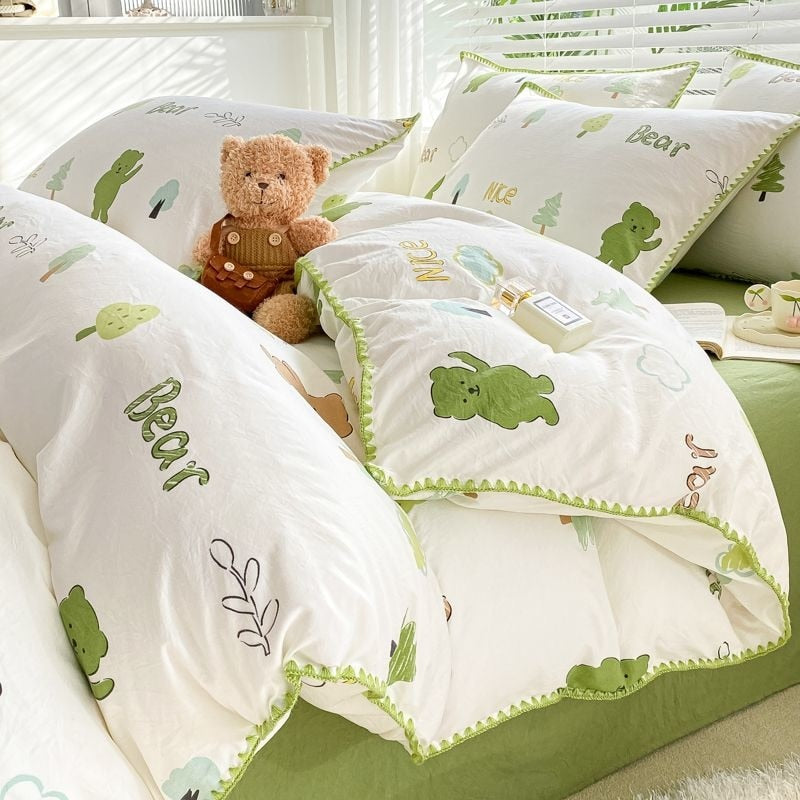 Cute Cartoon Bear Bedding Set Simple Duvet Cover Cotton Bed Linens Bed Sheets Pillowcase Single Double For Kids Decor Home