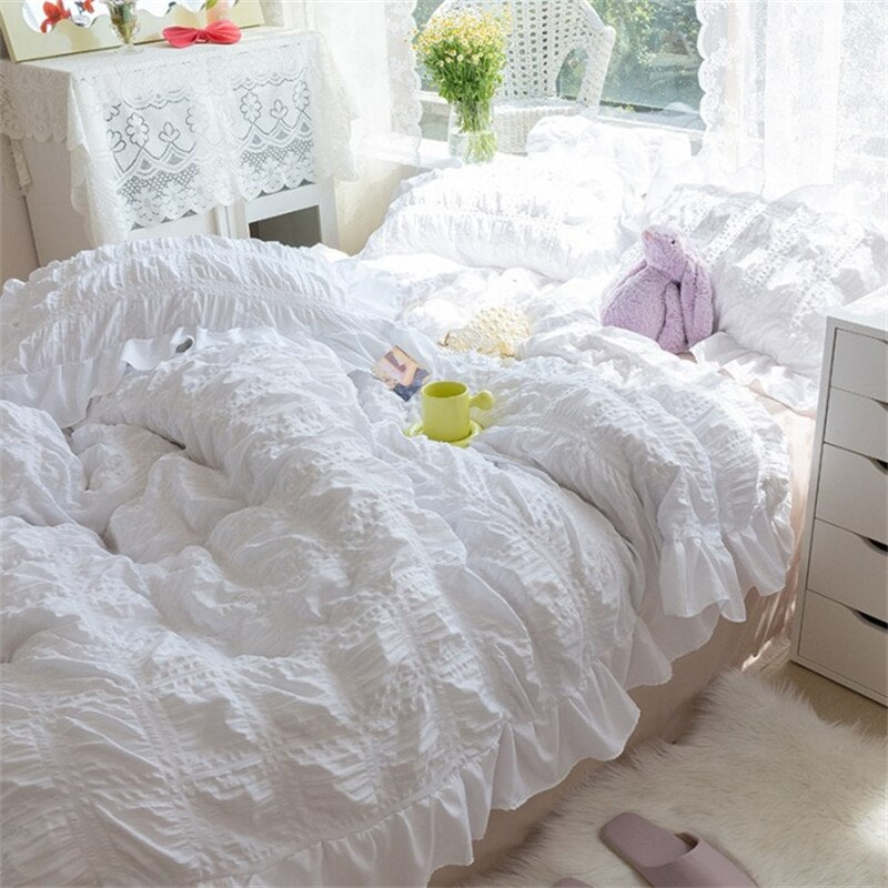 Korean Princess Seersucker Kawaii Bedding Set Lovely Ruffles Girl Duvet Cover Set Solid Color Soft Comfortable Bed Sets 220x240