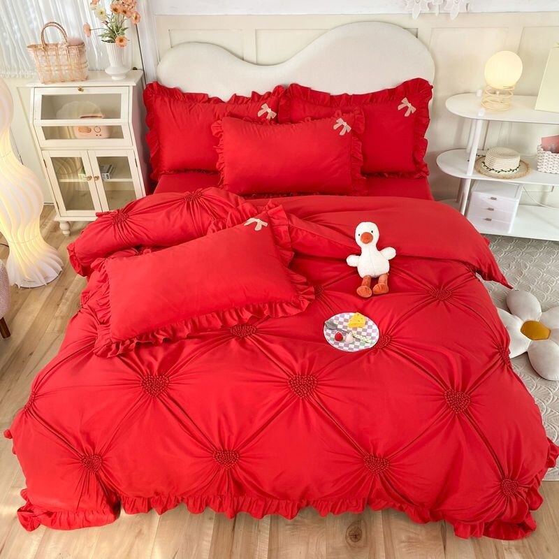 Korean Princess Duvet Cover Set Simple Solid Color Bedding Set Lace Ruffles Bed Skirt Sheets Gilr Quilt Cover Full Queen Size