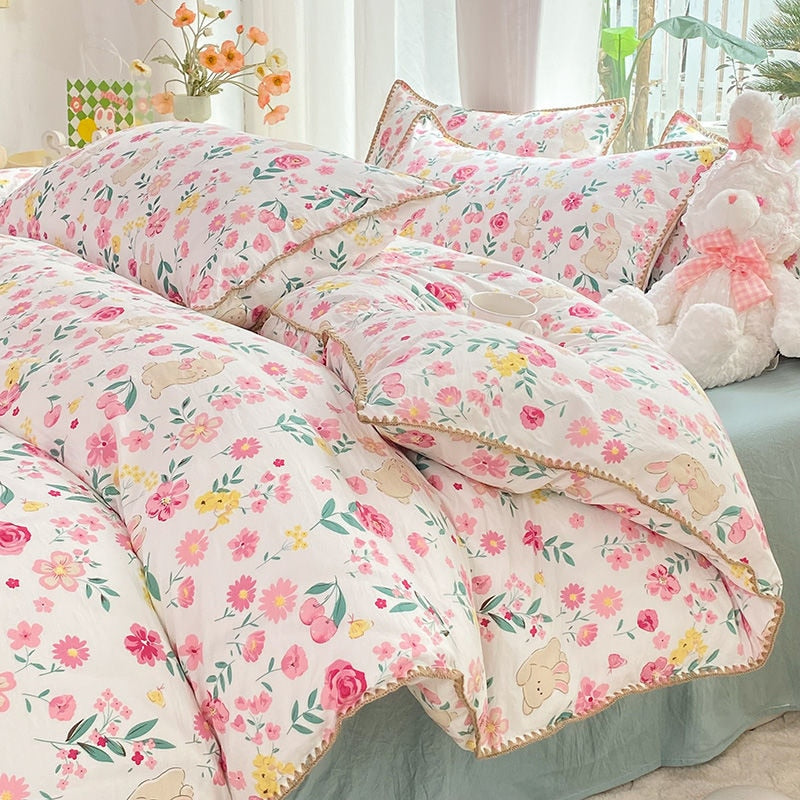 Ins Flower Bedding Sets Floral Summer Duvet Cover With Flat Sheet For Girls Woman Deocr Bedroom
