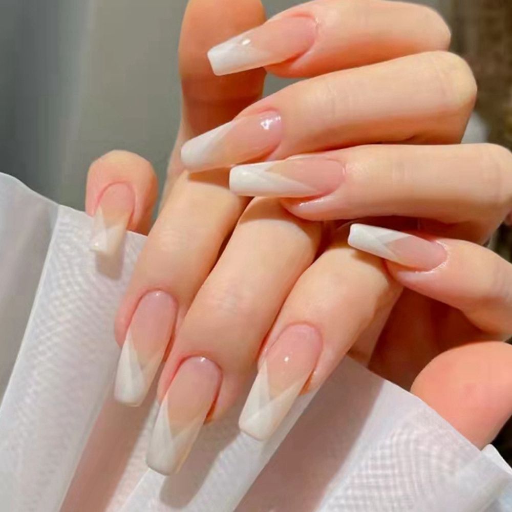 24PCS/Box 2023 New Artificial Nails With Glue Milky White Pink Gradients Long Ballet Full Cover Acrylic Nail Stick Fake Nail Tips