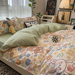 Cute Rabbit Bedding Set with Duvet Cover Flat Sheet Pillowcases Twin Double Queen Size Bed Linen Floral Home Textile