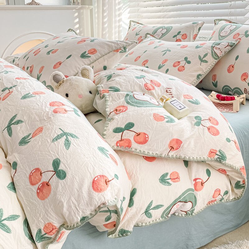 Cute Orange Bedding Sets ins Flower Duvet Cover Bed Sheet Soft Washed Cotton For Girl Single Size Bedspread