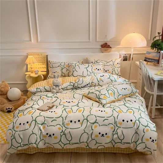 Qfdian Four Piece Bedding Set Cartoon Printed Cotton Bedsheets Set with Pillows Case Quilt Cover Three Piece Suit Home Textiles