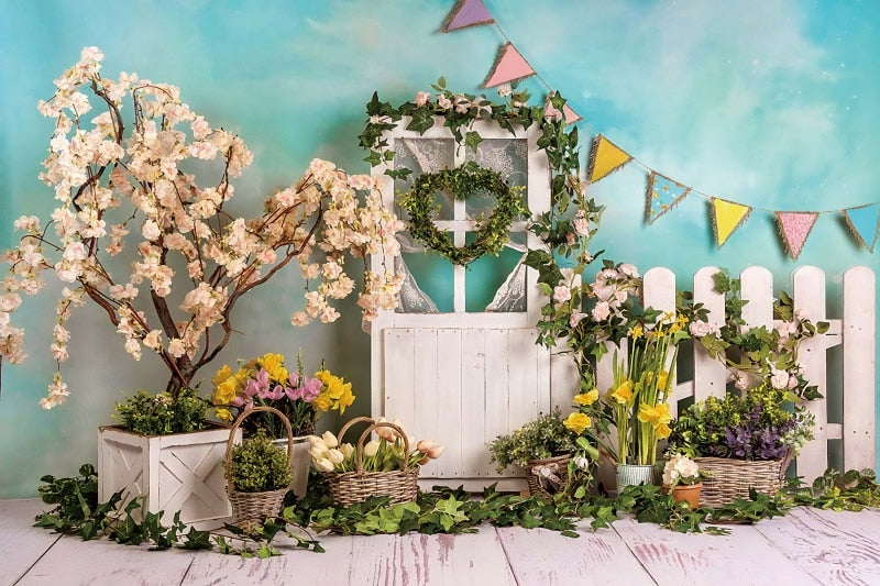 Qfdian Party decoration hot sale new Spring Easter Backdrop Brick Wall Egg Rabbit Newborn Baby Birthday Party Decor Wood Floor Photography Background Photo Studio