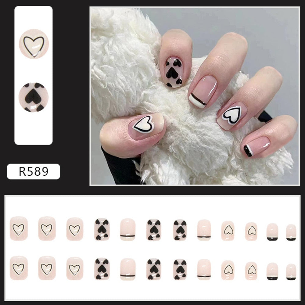 24pcs Gradient False Nails Cute Star Printed Design Fake Nail Short Square Faux Ongles Manicure Nail Stickers Press On Nail Tips