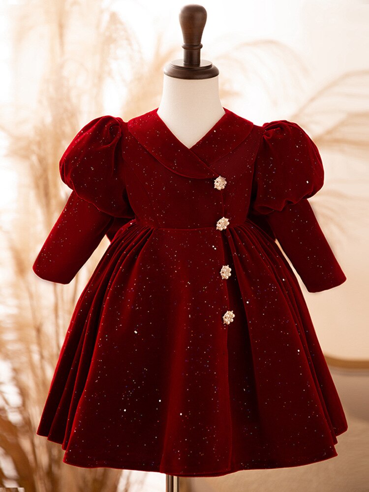 Qfdian christmas decor ideas nightmare before christmas Children&#39;s first birthday dress wine red velvet long sleeve Flower girl Baby princess dress Party Clothes for Christmas festive