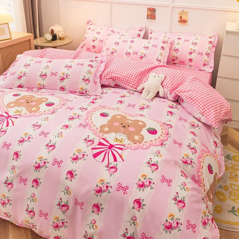 Qfdian Ins Princess Pink Heart Duvet Cover Home Textile Pillow Case Bed Sheet Kids Girls Bedding Covers Set King Queen Twin Cute Kawaii