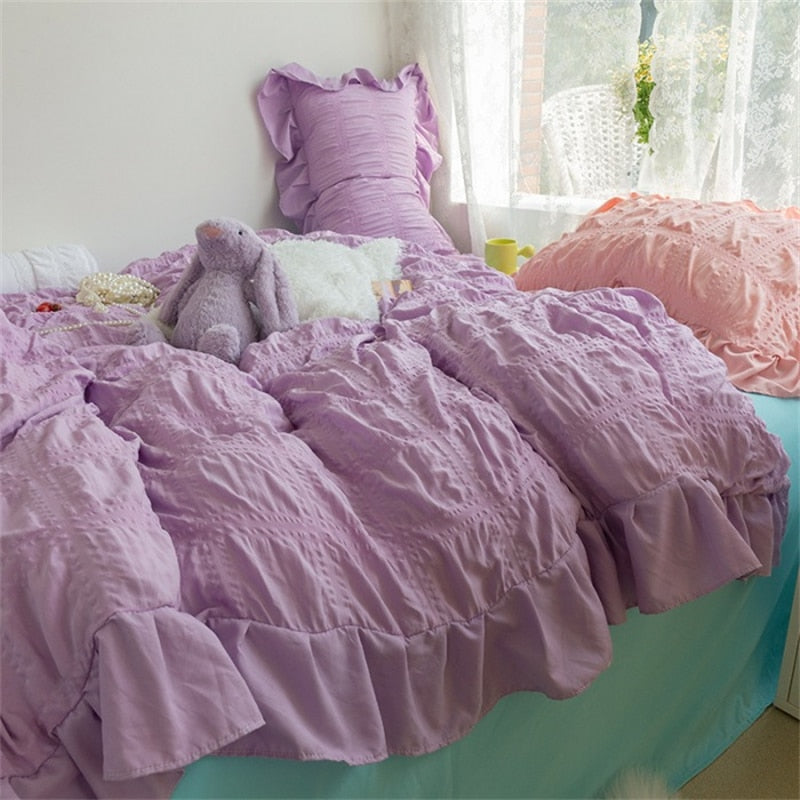 Korean Princess Seersucker Kawaii Bedding Set Lovely Ruffles Girl Duvet Cover Set Solid Color Soft Comfortable Bed Sets 220x240