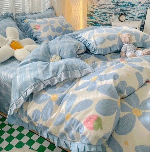 Lovely 100% Pure Cotton Bedding Set Full Size Cute Ruffles Single Doubel Duvet Cover Set Princess Girls Woman Cozy Bedding Sets