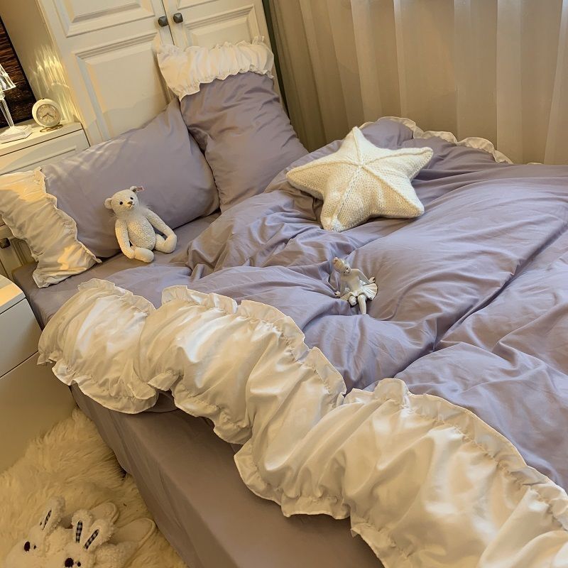 Korea Princess Wind Purple Dormitory Bedding Sets Kawaii Bed Sheet Duvet Cover 3/4 Pieces Home Decoration Washed Cotton 5 Colors
