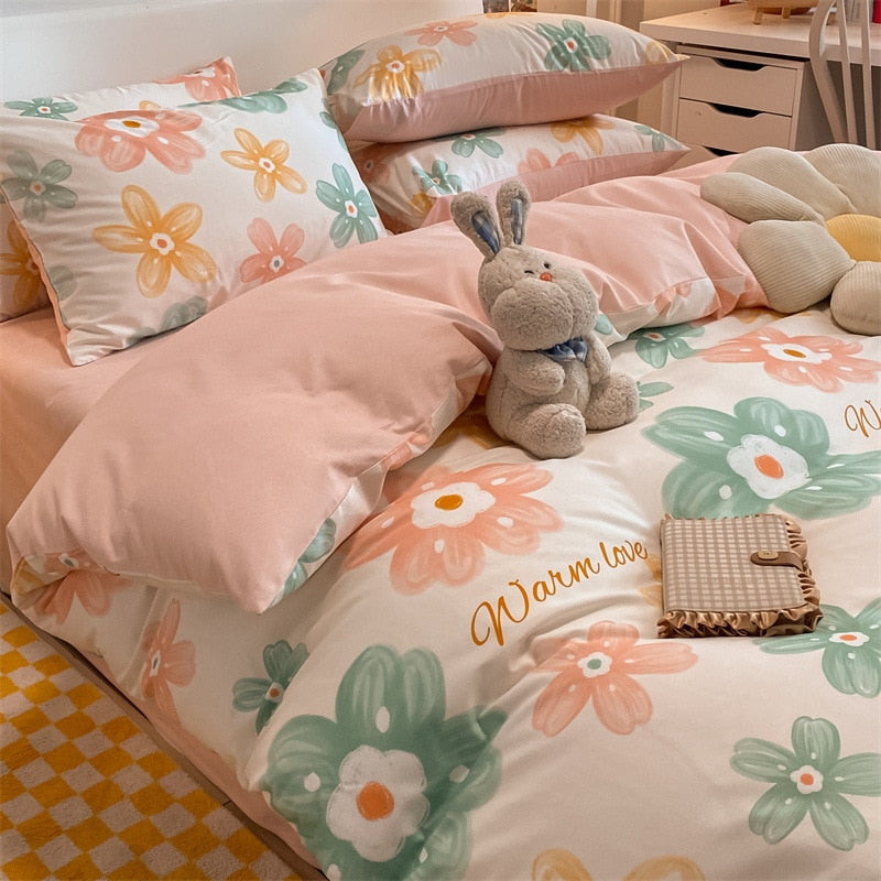 Qfdian Four Piece Bedding Set Cartoon Printed Cotton Bedsheets Set with Pillows Case Quilt Cover Three Piece Suit Home Textiles