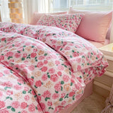 Cartoon Strawberry Bedding Set Washed Cotton Single Double Size Nordic Girls Flower Bed Linen Flat Sheet Duvet Cover Pillowcase
