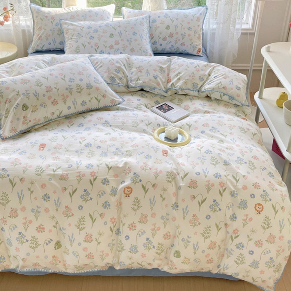INS Pastoral Girls Flower Bedding Sets Washed Cotton Bed Linens Soft Quilt Cover Sheet Set Simple Bedspread Home Textiles