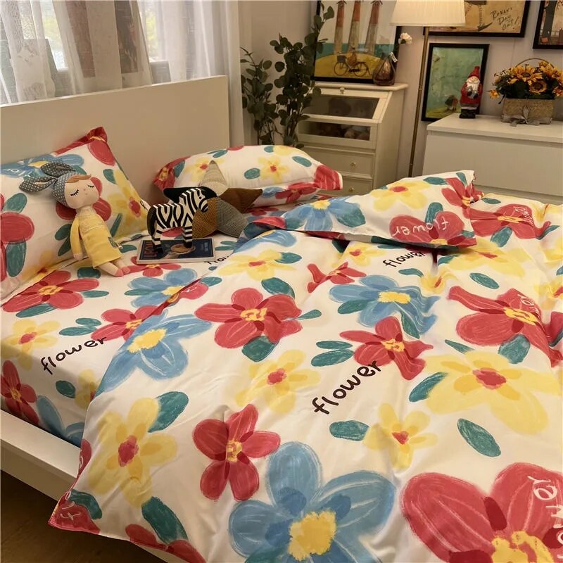 Ins Pastoral Style Green Floral Duvet Cover With Pillow Case Princess Bed Sheet Kids Girls Bedding Set King Queen Cute Kawaii