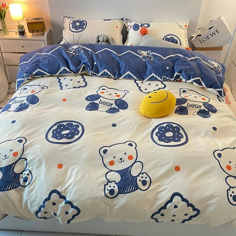 Boys Girls Bedding Set Fashion Adult Children Bed Linen Duvet Quilt Cover Pillowcase Cute Cartoon Bear Polyester Flat Sheets