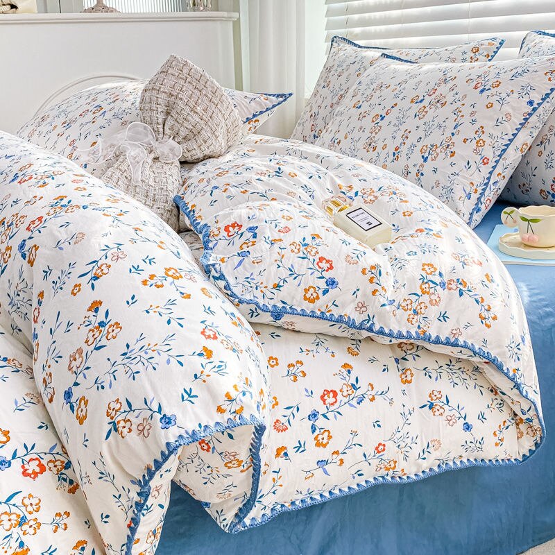 Cute Orange Bedding Sets ins Flower Duvet Cover Bed Sheet Soft Washed Cotton For Girl Single Size Bedspread