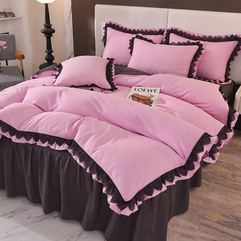 Luxury Solid Color Bedding Sets Princess Style French Lace Duvet Cover Bed Skirt Bedclothes For Girls 4 Piece Home Textiles