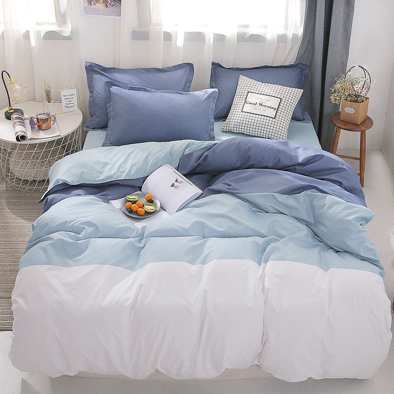 Blue White Striped Bedding Set Queen Double Size Bed Linen Plain Reactive Printed Single Quilt Cover Flat Sheet Pillowcase