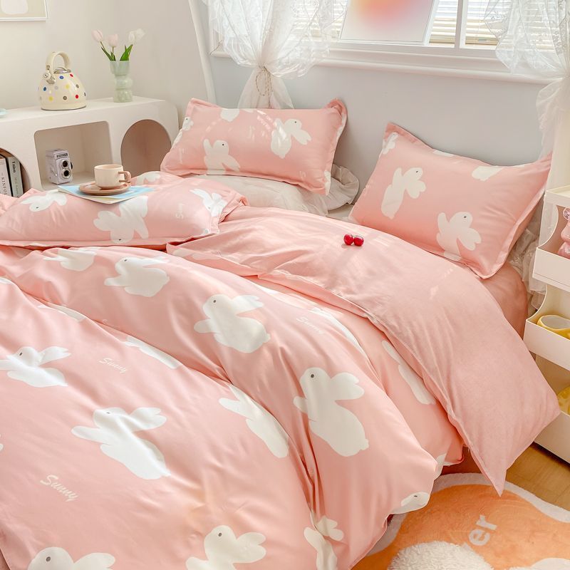 Floral Bedding Set Kawaii Rabbit Duvet Cover Flat Sheet Pillowcase Soft Bed Linens Single Full Dormitory Bedroom Home Textile